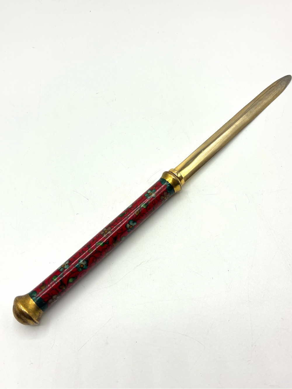 Vintage Cloisonne Brass Letter Opener Floral Red Handle